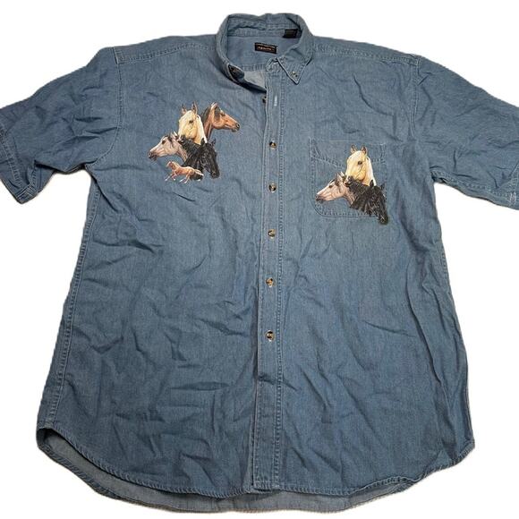 Outrageous sports chambray JEAN SHIRT WITH HORSES, MEN'S XL - Picture 1 of 8